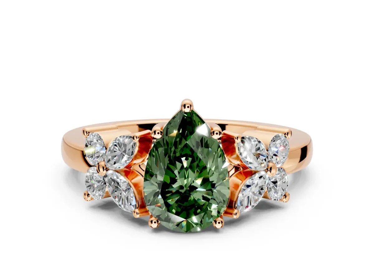 Floral Engagement Ring Setting for Fancy Green Pear-Shaped Center with Marquise Cluster Shoulders and Prong Head in Rose Gold