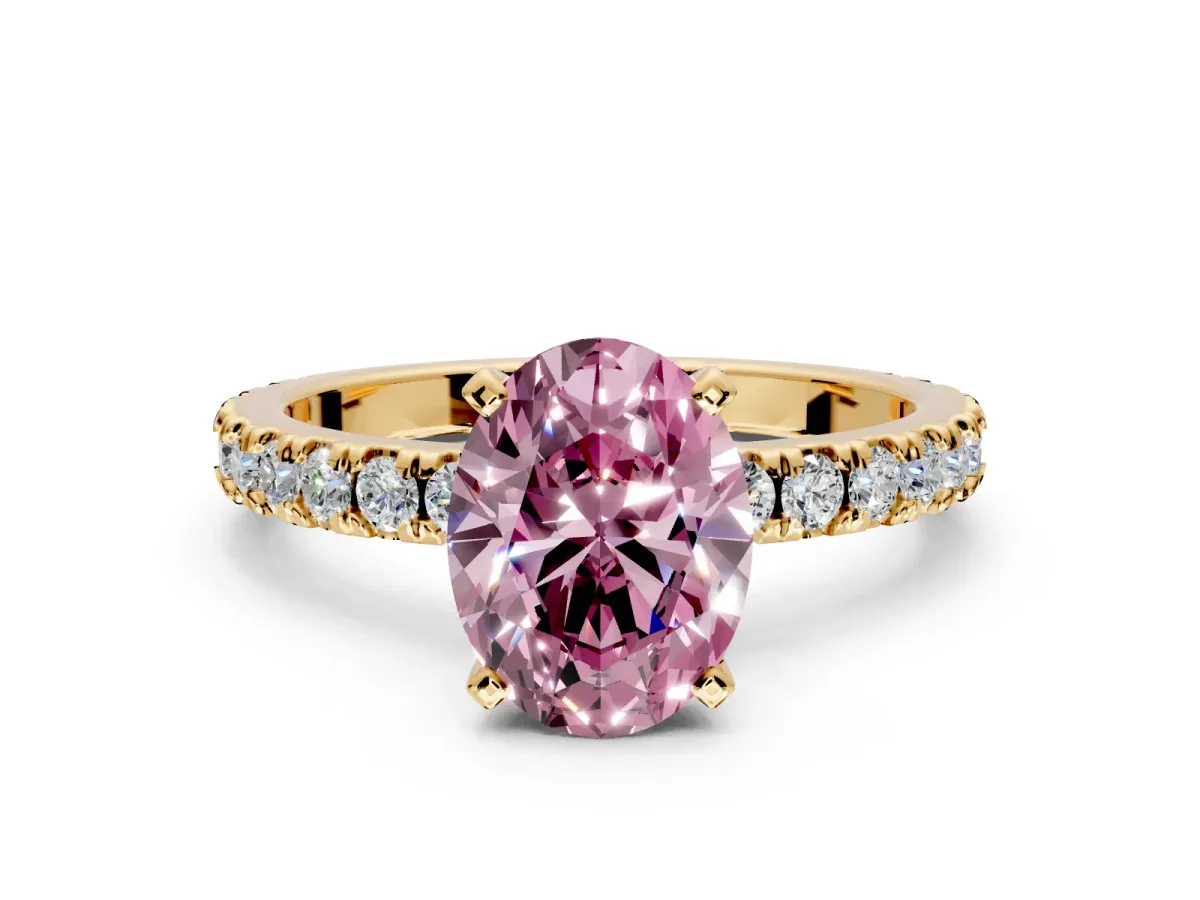 Solitaire Engagement Ring Setting for Fancy Pink Oval Center with Fine Pave Band and Claw Prong Head in Yellow Gold