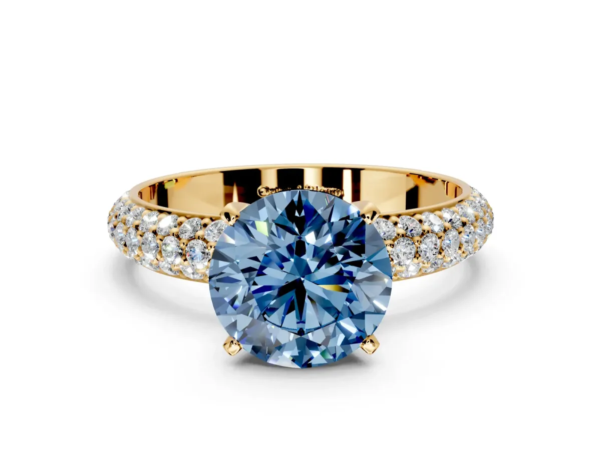 Solitaire Engagement Ring Setting for Fancy Blue Round Cut Center with Domed Multi-Row Pave Band and Prong Head in Yellow Gold
