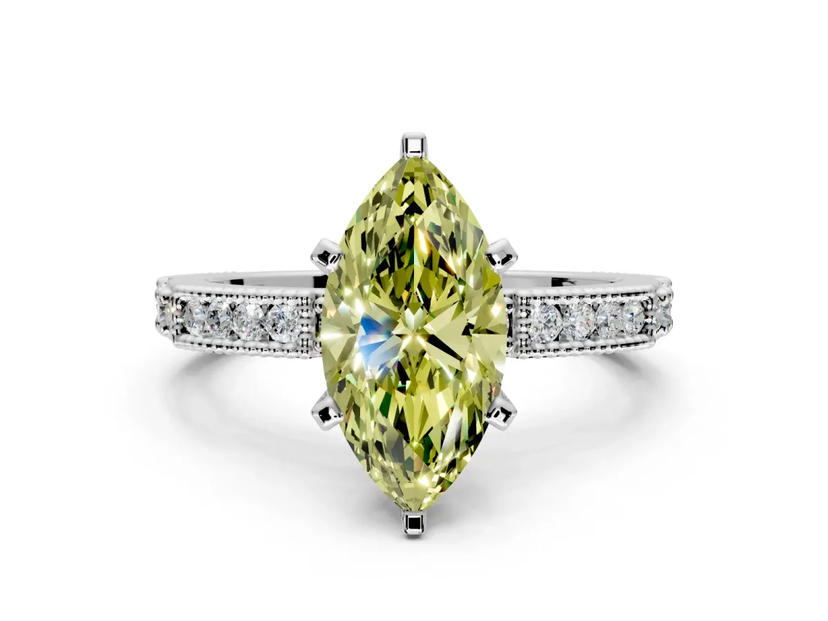 Solitaire Engagement Ring Setting for Fancy Yellow Marquise Center with Milgrain-Edged Pave Band and Prong Head in Platinum