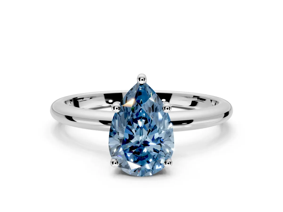 Hidden Halo Engagement Ring Setting for Fancy Blue Pear-Shaped Center with Thin Round-Wire Band and Prong Head in Platinum