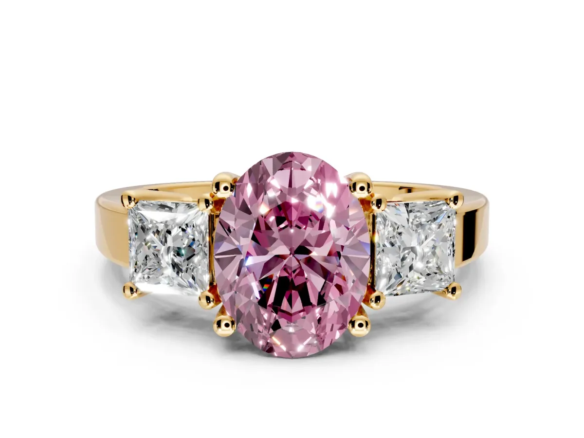 3 Stone Engagement Ring Setting for Fancy Pink Oval Center with Matching Side Accents and Prong Head in Yellow Gold