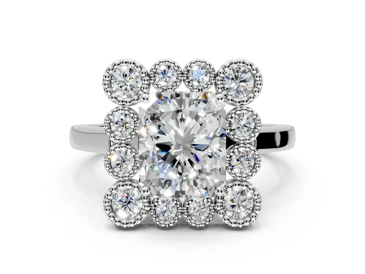 Cluster Halo Engagement Ring Setting for Radiant Cut Center with Milgrain Bezel Accents and Prong Head in Platinum