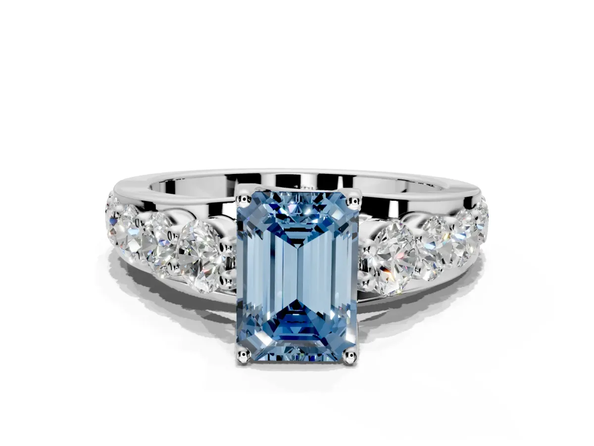 Solitaire Engagement Ring Setting for Fancy Blue Emerald Cut Center with Graduated Shared Prongs and Prong Head in White Gold