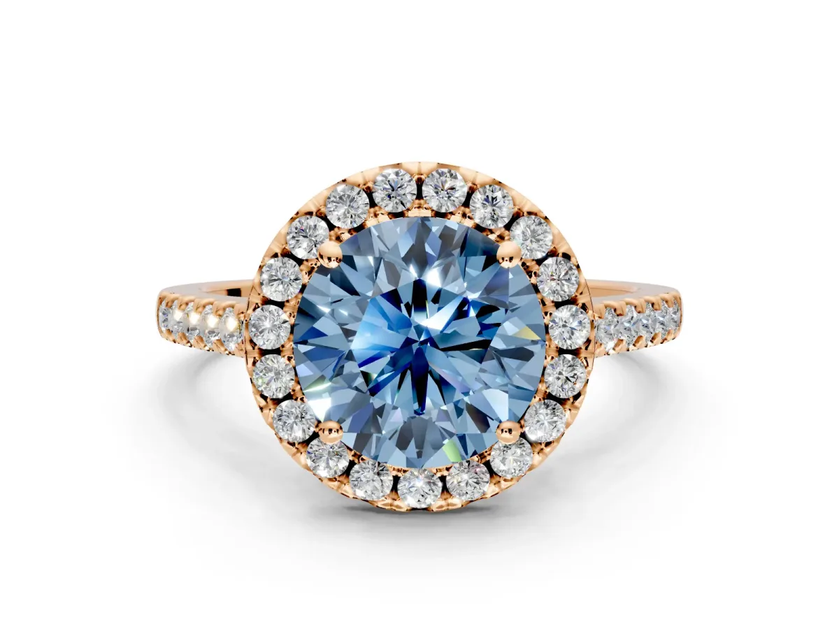 Halo Engagement Ring Setting for Fancy Blue Round Cut Center with Raised Halo, Pave Band and Prong Head in Rose Gold