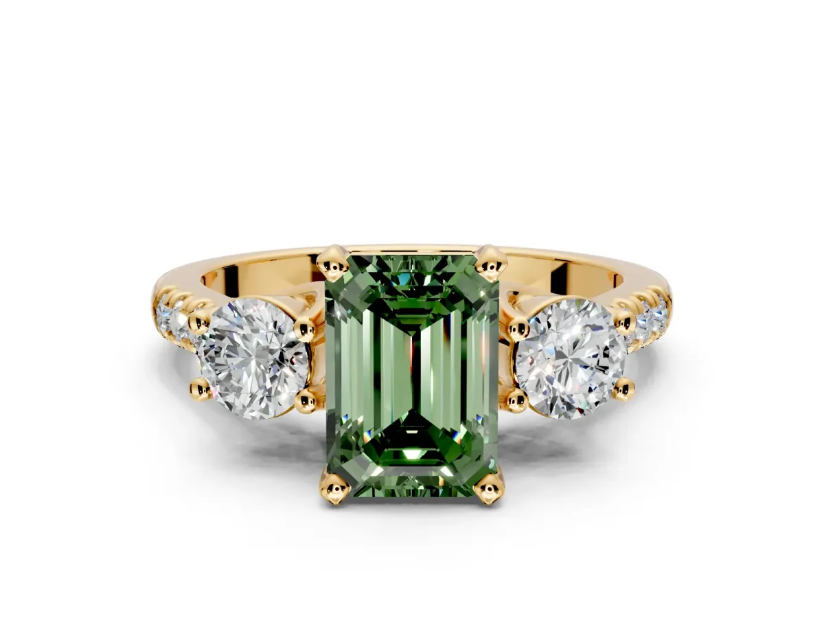 3 Stone Engagement Ring Setting for Fancy Green Emerald Cut Center with Crossover Basket, Pave Band and Prong Head in Yellow Gold