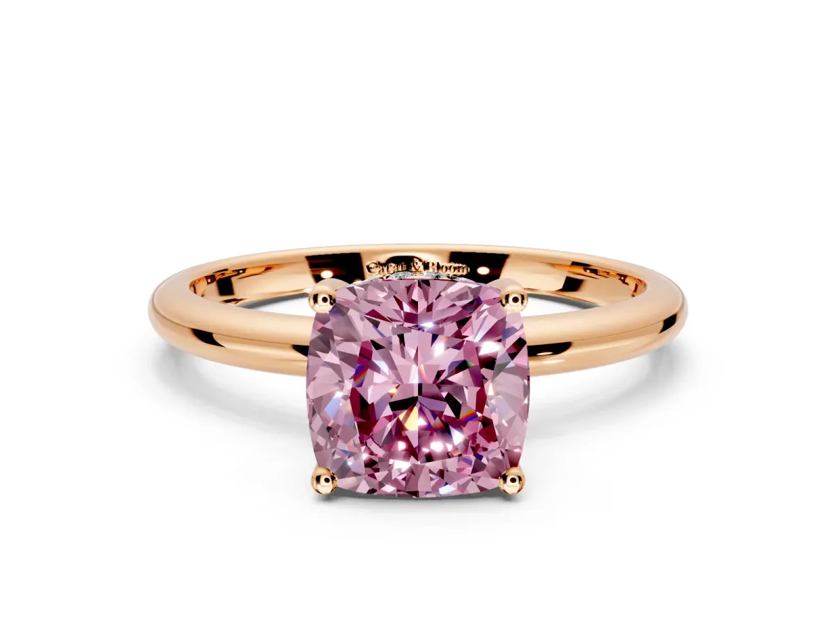 Hidden Halo Engagement Ring Setting for Fancy Pink Cushion Cut Center with Thin Round-Wire Band and Prong Head in Rose Gold