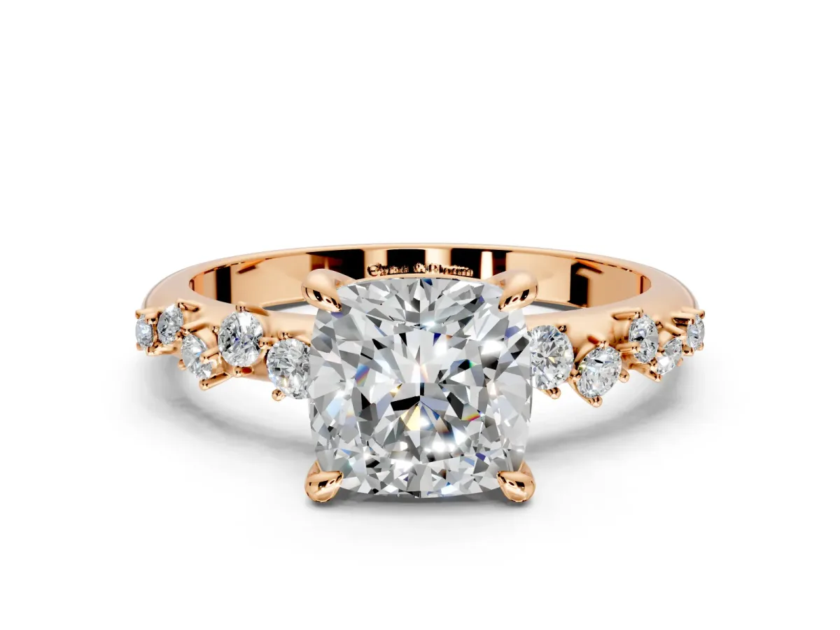 Solitaire Engagement Ring Setting for Cushion Cut Center with Trailing Leaf Accent Band and Prong Head in Rose Gold