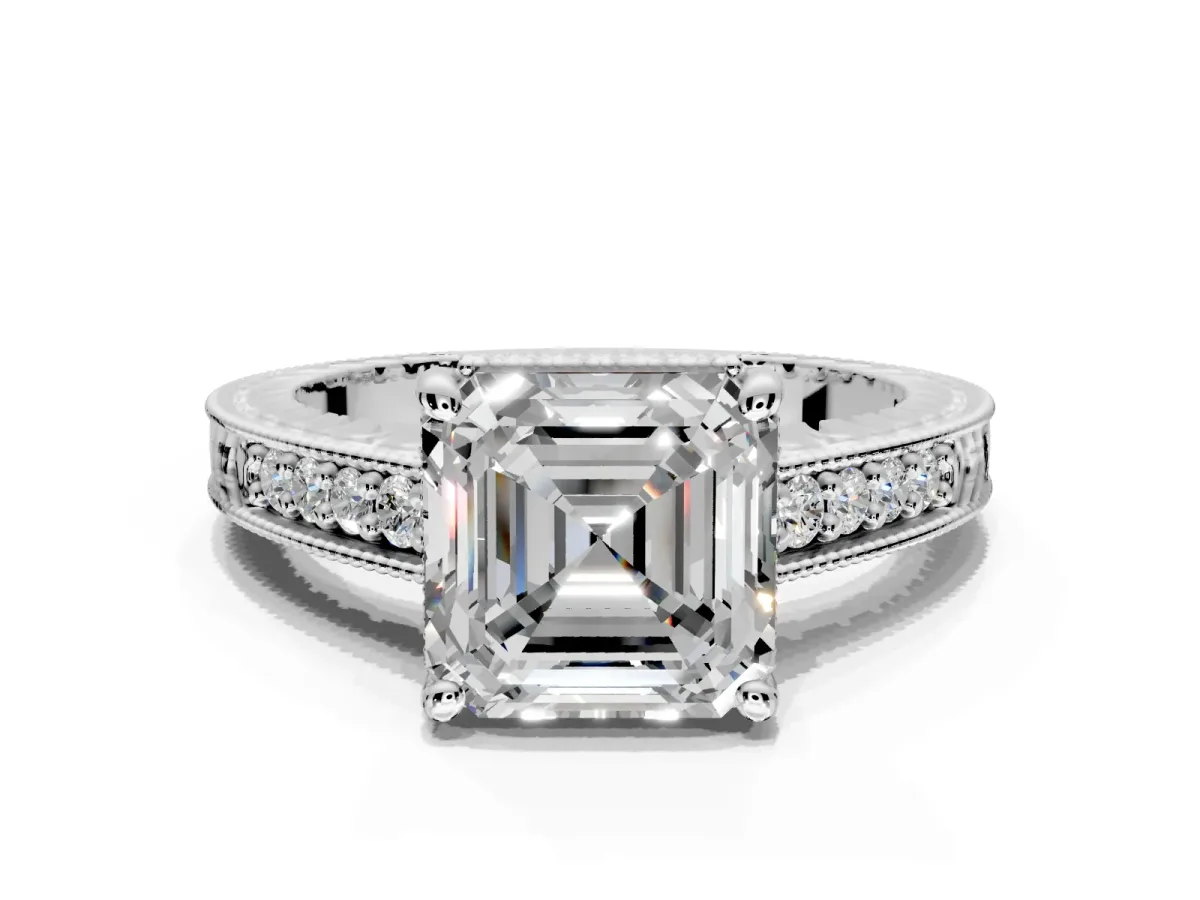 Engraved Engagement Ring Setting for Asscher Cut Center with Milgrain Pave Band and Prong Head in Platinum