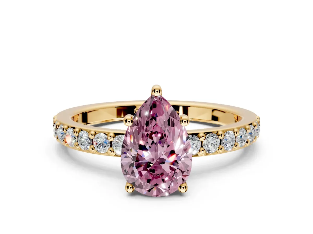 Solitaire Engagement Ring Setting for Fancy Pink Pear-Shaped Center with Round Cut Pave Band and Prong Head in Yellow Gold