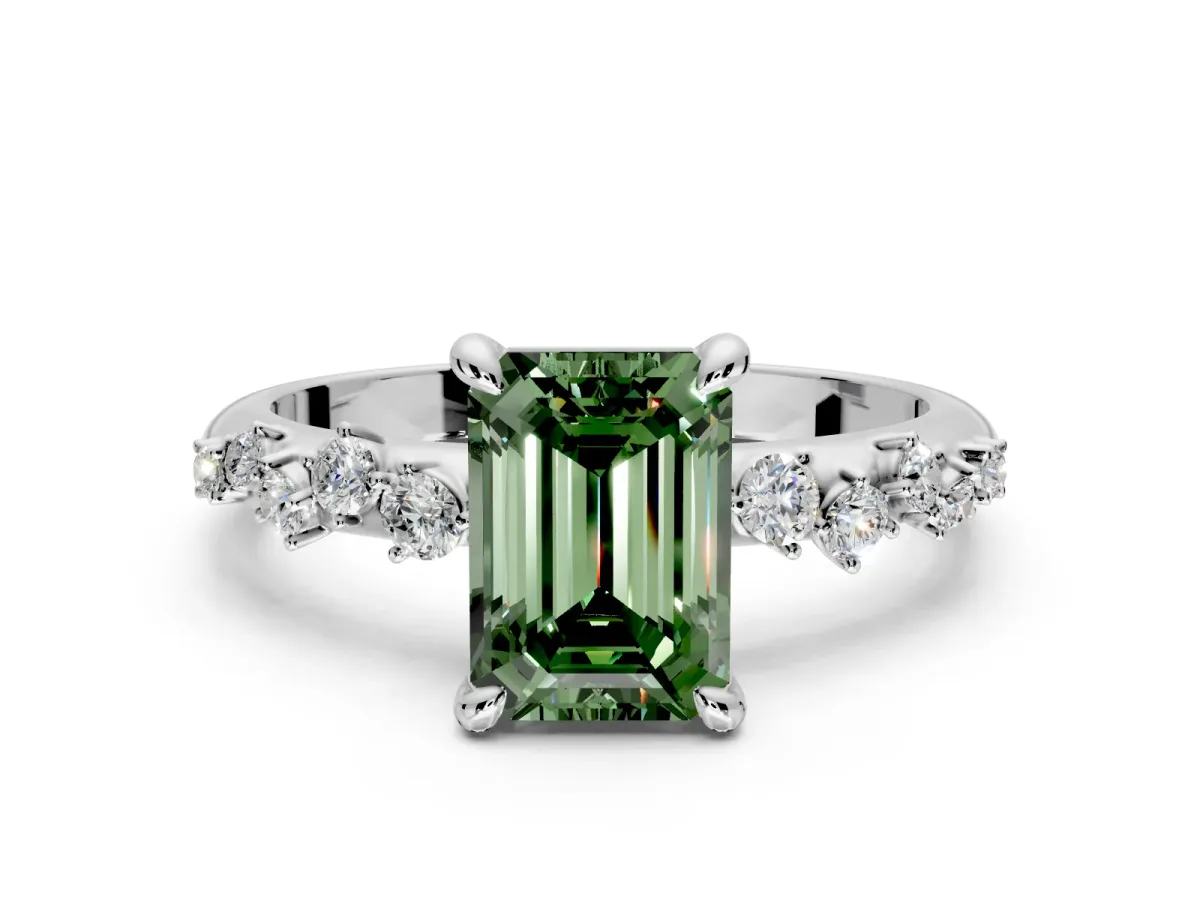 Solitaire Engagement Ring Setting for Fancy Green Emerald Cut Center with Trailing Leaf Accent Band and Prong Head in Platinum
