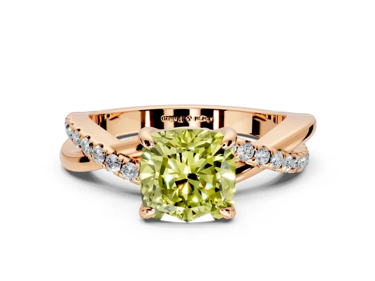 Solitaire Engagement Ring Setting for Fancy Yellow Cushion Cut Center with Half-Pave Crossover Band and Prong Head in Rose Gold