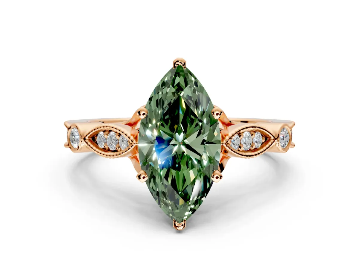 Solitaire Engagement Ring Setting for Fancy Green Marquise Center with Marquise and Bezel Accents and Prong Head in Rose Gold
