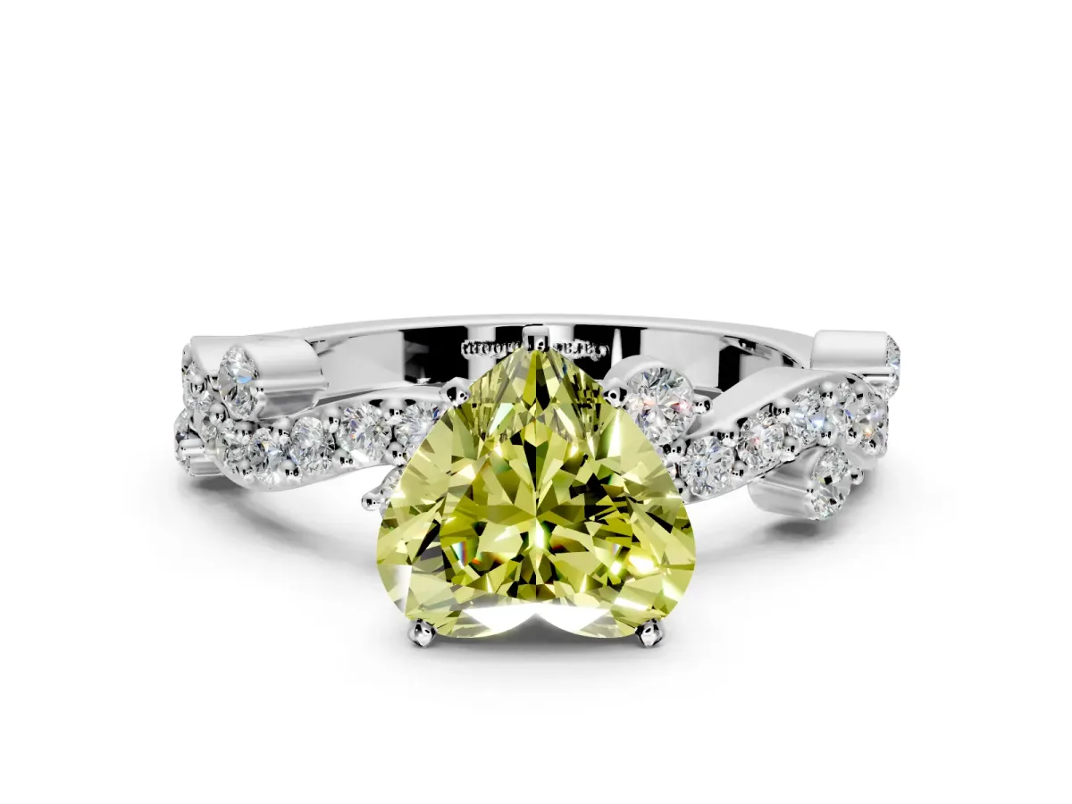 Solitaire Engagement Ring Setting for Fancy Yellow Heart-Shaped Center with Bar-Station Pave Twist and Prong Head in Platinum
