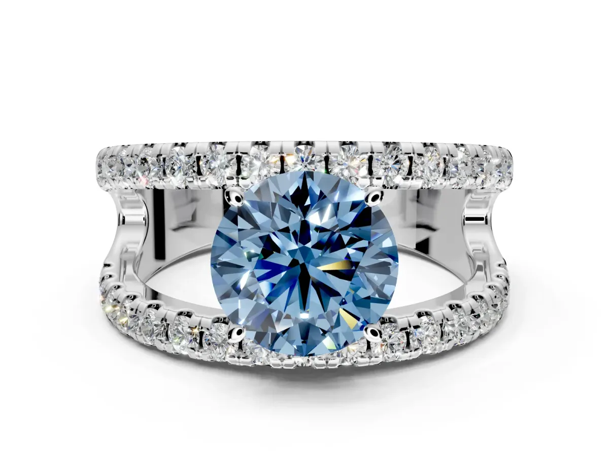 Solitaire Engagement Ring Setting for Fancy Blue Round Cut Center with Wide-Open Split Shank and Prong Head in White Gold