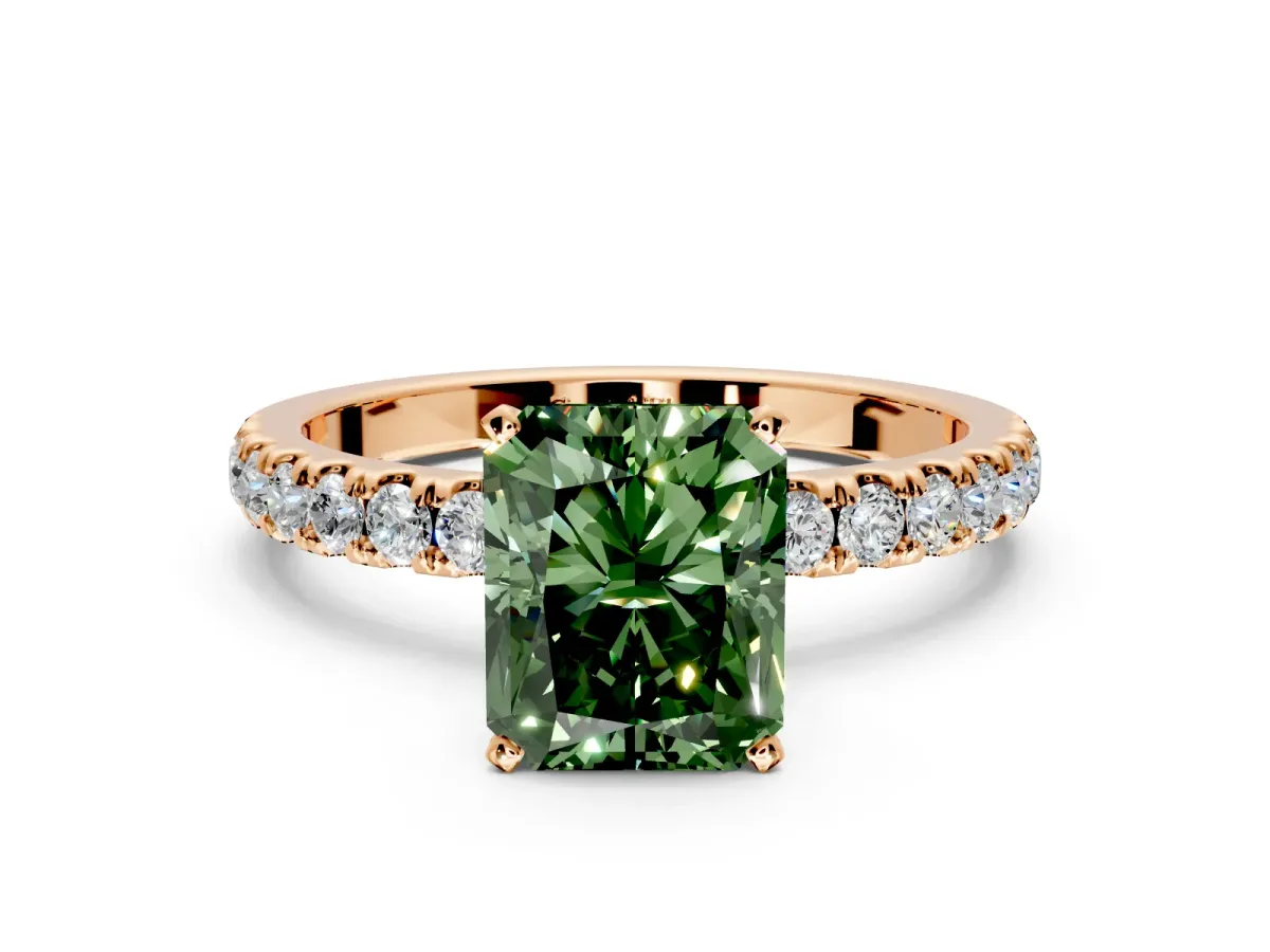 Open Basket Engagement Ring Setting for Fancy Green Radiant Cut Center with Pave Band and Prong Head in Rose Gold