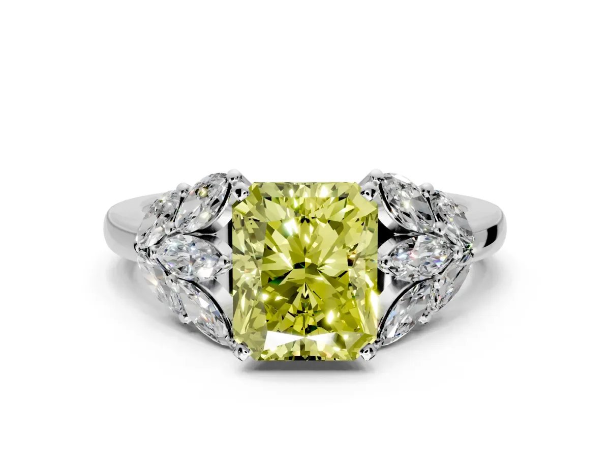 Leaf Cluster Engagement Ring Setting for Fancy Yellow Radiant Cut Center with Marquise Accents and Prong Head in Platinum