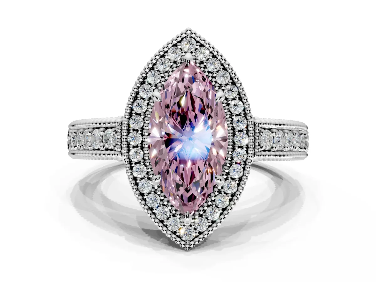 Milgrain Halo Engagement Ring Setting for Fancy Pink Marquise Center with Pave Band and Prong Head in Platinum