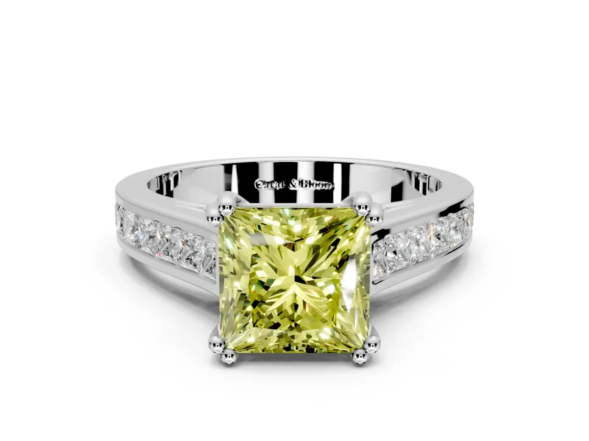 Solitaire Engagement Ring Setting for Fancy Yellow Princess Cut Center with Channel Band and Double Claw Prong Head in White Gold