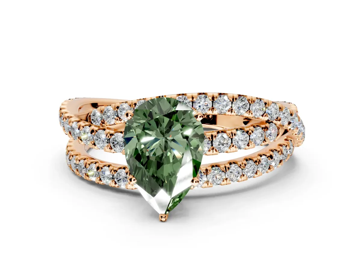 Solitaire Engagement Ring Setting for Fancy Green Pear-Shaped Center with Woven 3-Strand Pave Band and Prong Head in Rose Gold