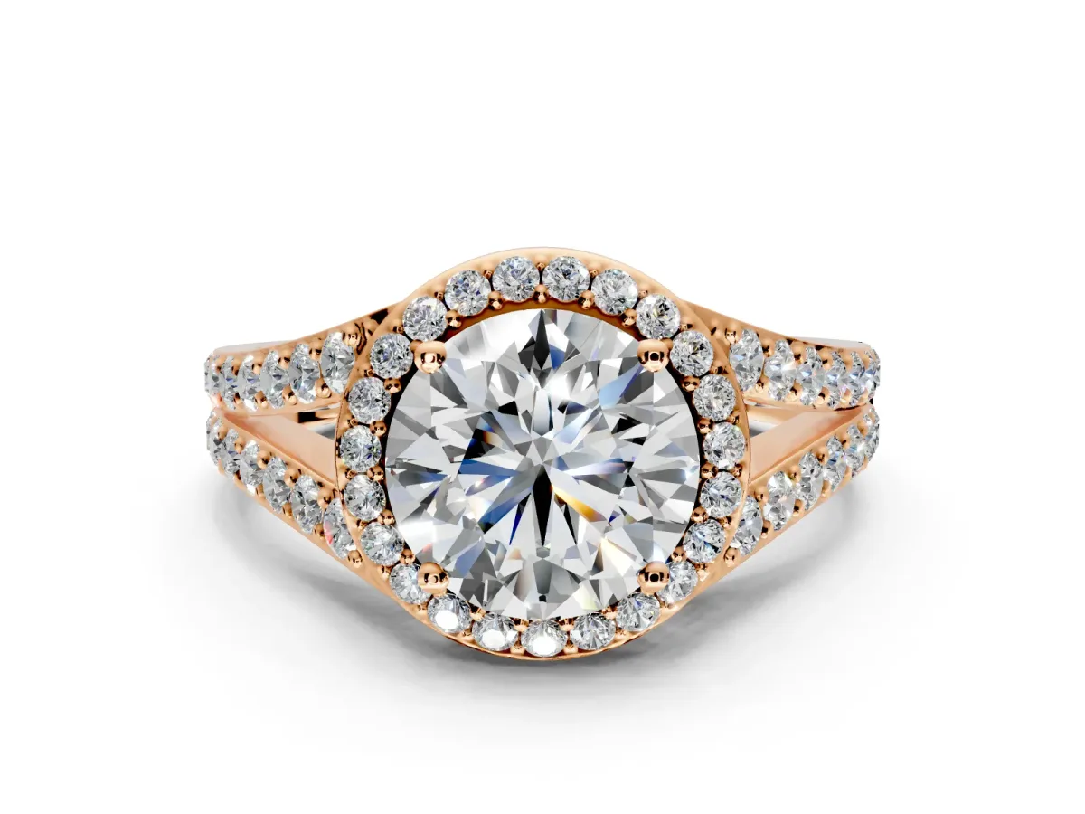 Halo Engagement Ring Setting for Round Cut Center with Narrow Pave Split Shank and Prong Head in Rose Gold