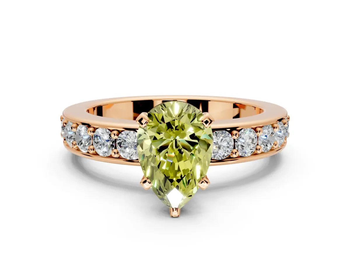 Solitaire Engagement Ring Setting for Fancy Yellow Pear-Shaped Center with Channel-Set Accents and Prong Head in Rose Gold