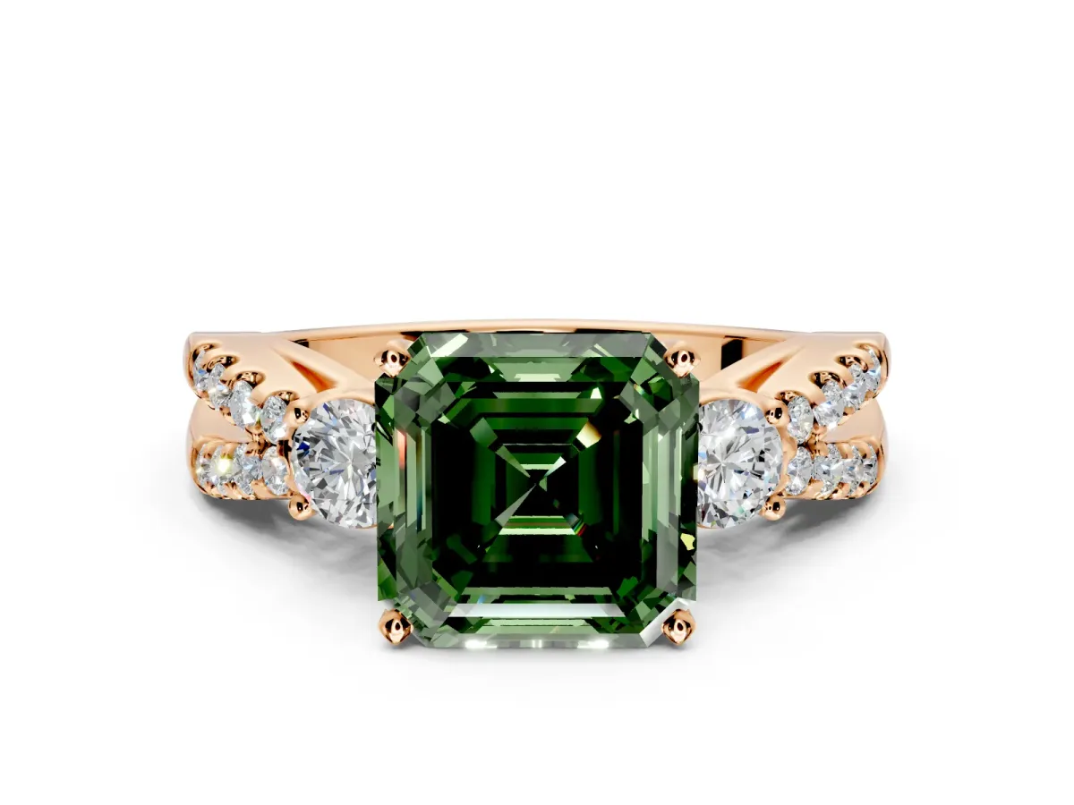 3 Stone Engagement Ring Setting for Fancy Green Asscher Cut Center with Pave Split Shank and Prong Head in Rose Gold