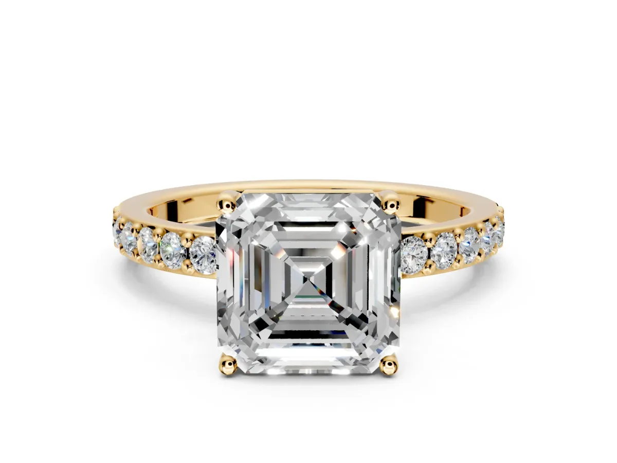 Solitaire Engagement Ring Setting for Asscher Cut Center with Round Cut Pave Band and Prong Head in Yellow Gold