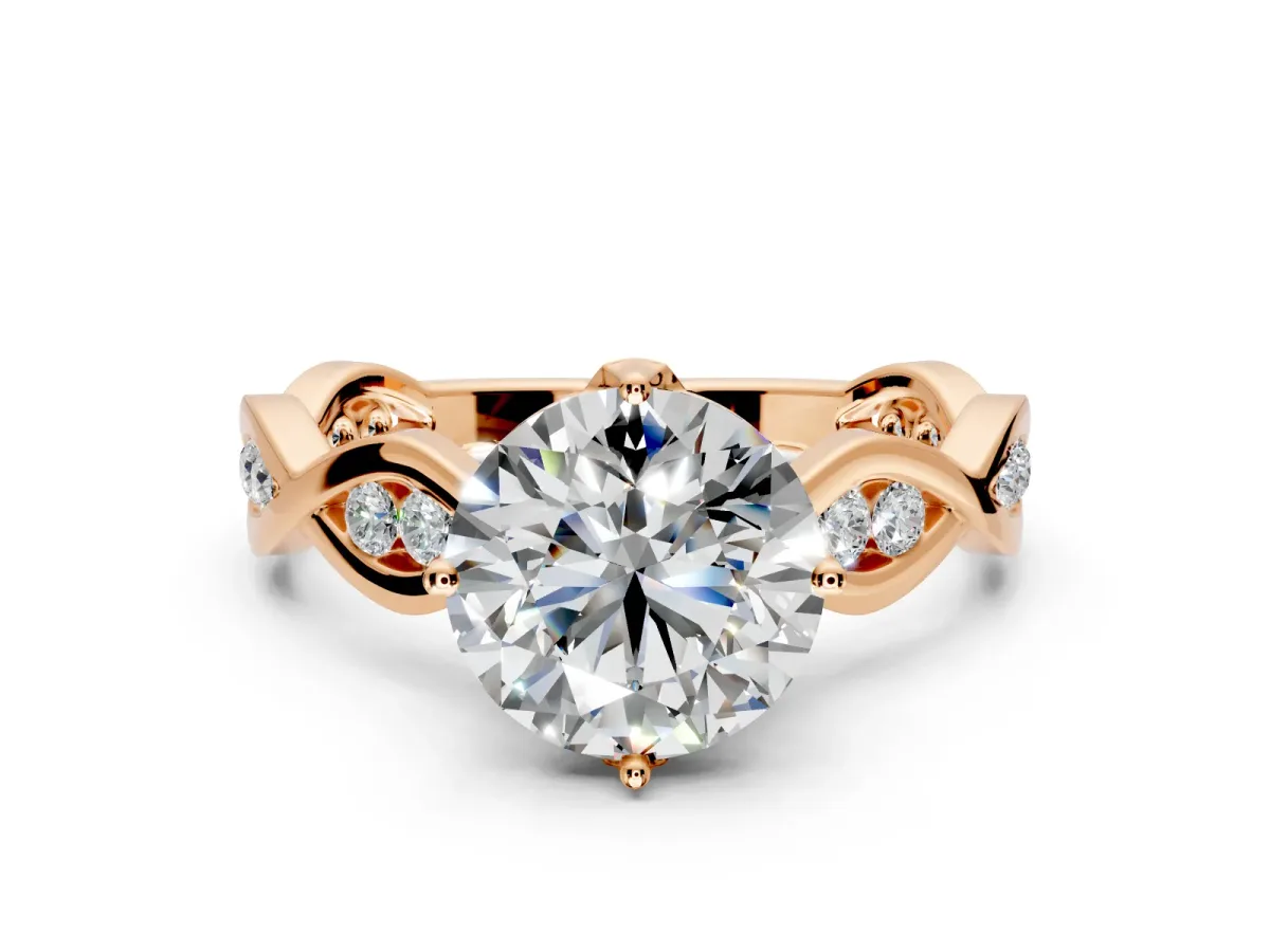 Solitaire Engagement Ring Setting for Round Cut Center with Accented Twist Band and Leaf Prong Head in Rose Gold