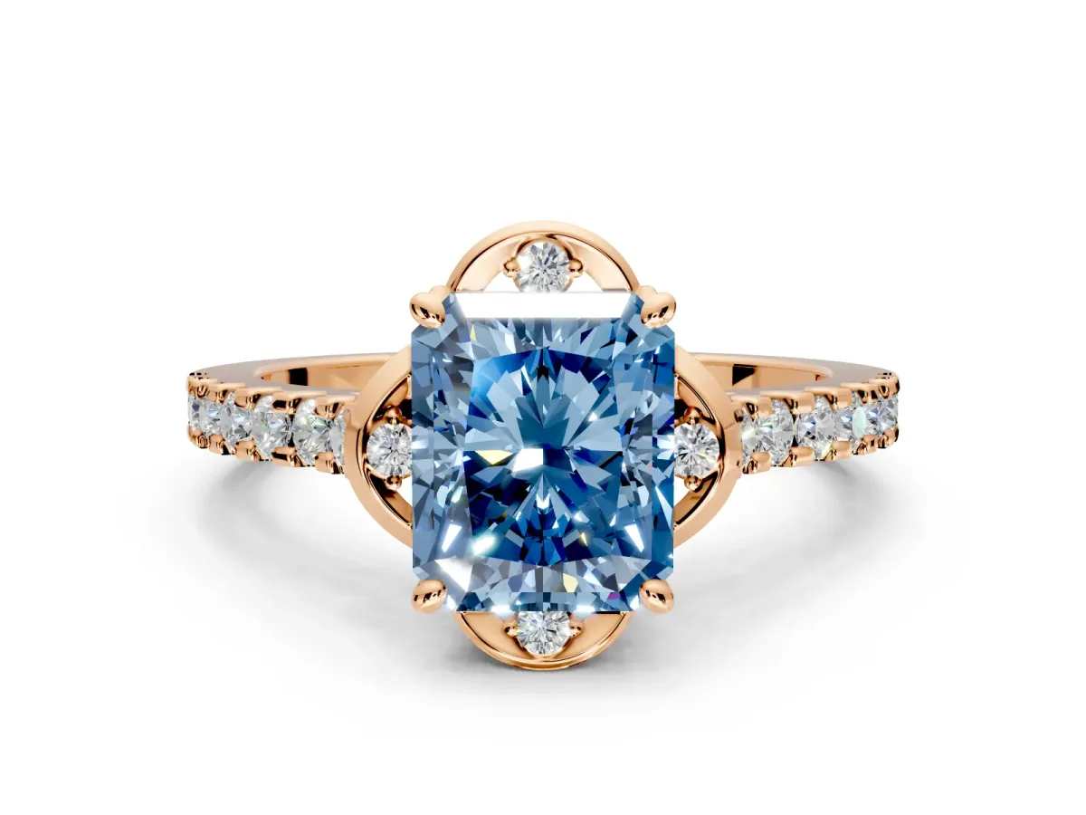 Floral Engagement Ring Setting for Fancy Blue Radiant Cut Center with Pave Band and Floral Prong Head in Rose Gold