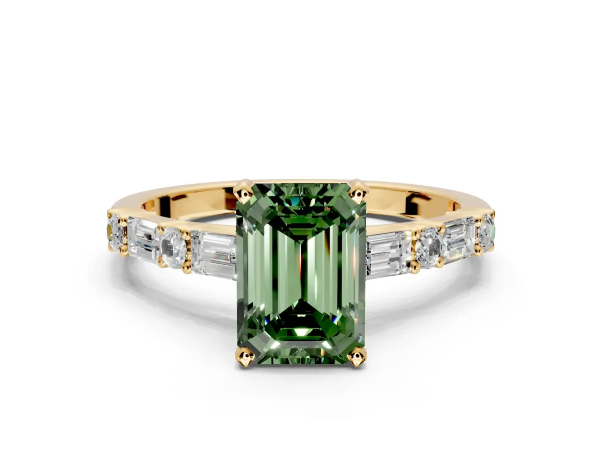 Baguette Engagement Ring Setting for Fancy Green Emerald Cut Center with Alternating Bar-Set Band and Prong Head in Yellow Gold