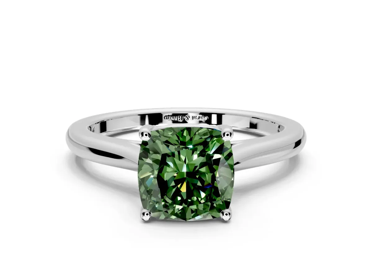 Solitaire Engagement Ring Setting for Fancy Green Cushion Cut Center with Narrow Cathedral Band and Prong Head in White Gold