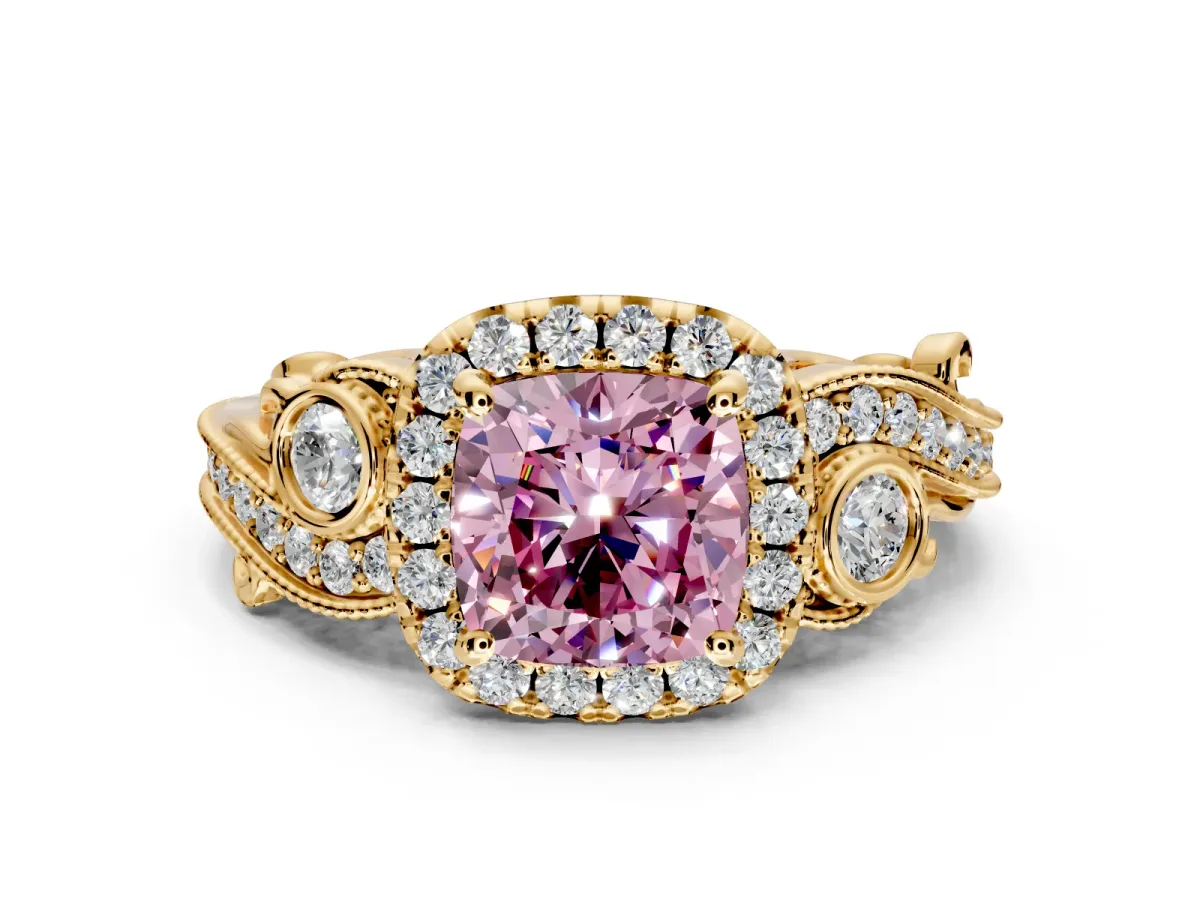Milgrain Halo Engagement Ring Setting for Fancy Pink Cushion Cut Center with Shoulder Bezels and Prong Head in Yellow Gold