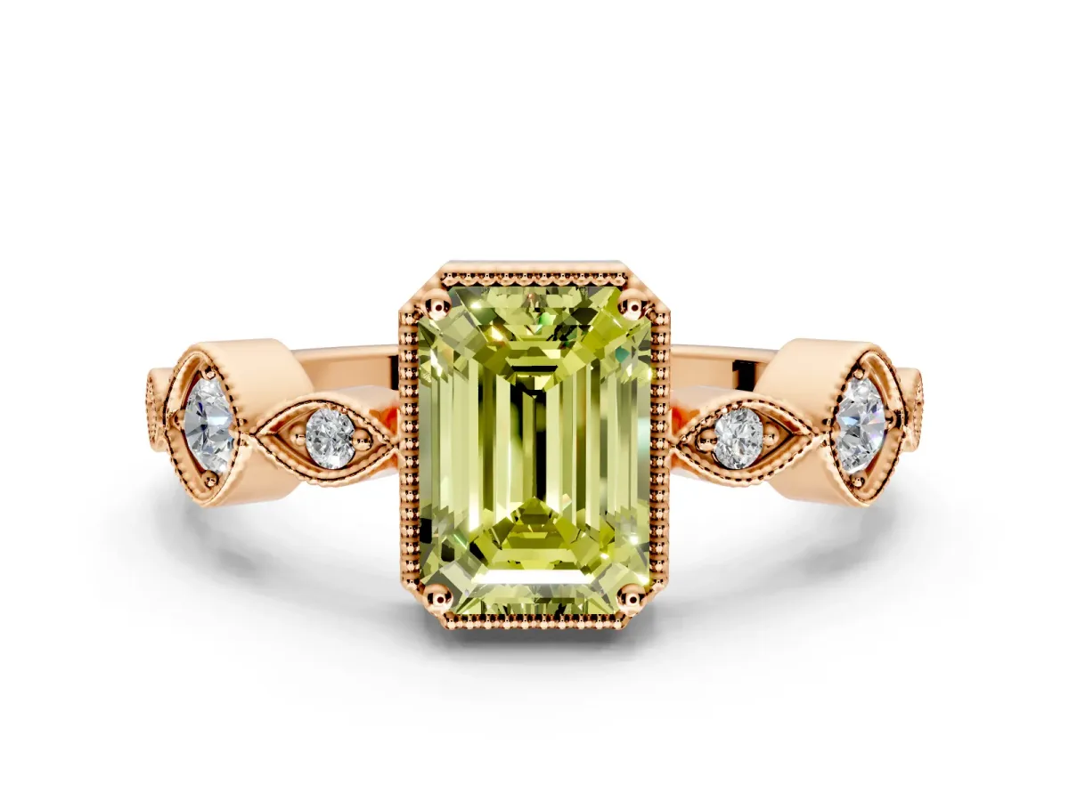 Vintage Station Engagement Ring Setting for Fancy Yellow Emerald Cut Center with Accents and Prong Head in Rose Gold