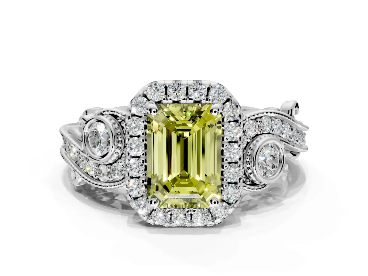 Milgrain Halo Engagement Ring Setting for Fancy Yellow Emerald Cut Center with Shoulder Bezels and Prong Head in Platinum