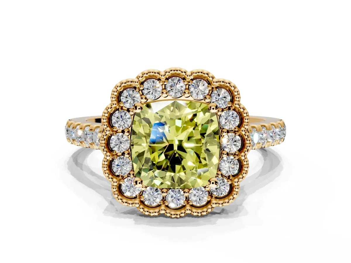Milgrain Floral Halo Engagement Ring Setting for Fancy Yellow Cushion Cut Center with Pave Band and Prong Head in Yellow Gold