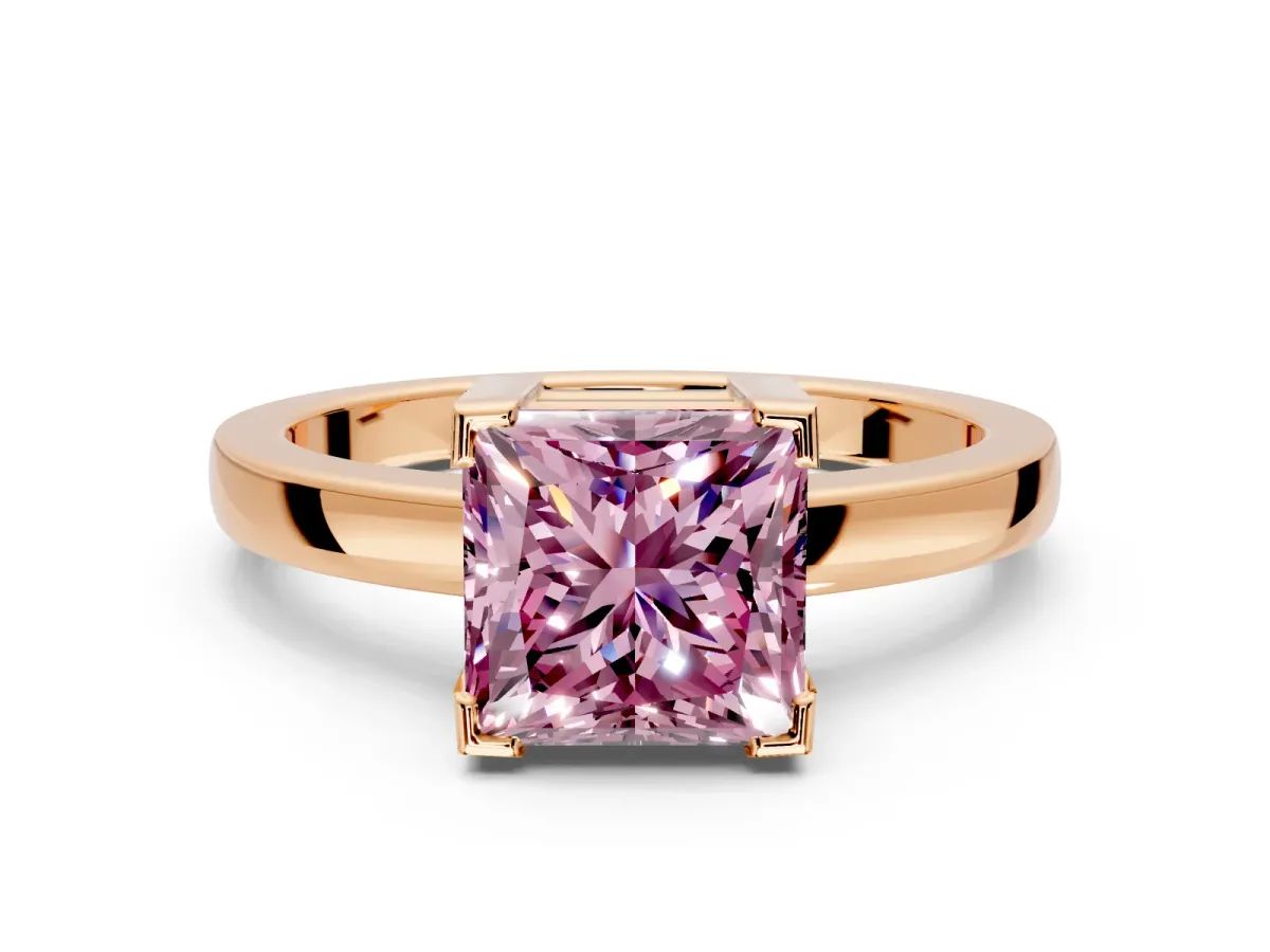 Solitaire Engagement Ring Setting for Fancy Pink Princess Cut Center with Plain Band and Flat Tab Prong Head in Rose Gold