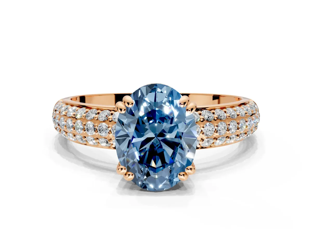 Solitaire Engagement Ring Setting for Fancy Blue Oval Center with Multi-Row Pave Accents and Basket Head in Rose Gold