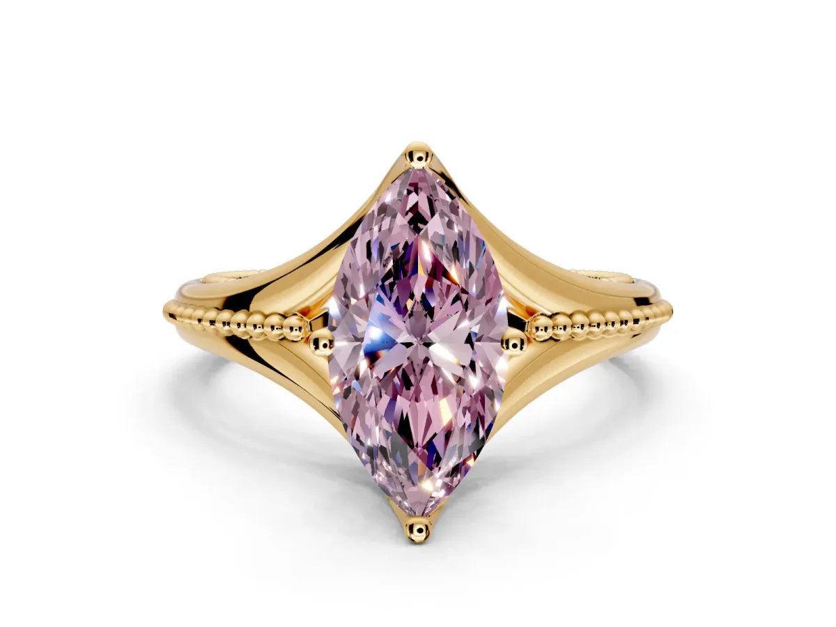 Solitaire Engagement Ring Setting for Fancy Pink Marquise Center with Milgrain Cathedral Band and Prong Head in Yellow Gold