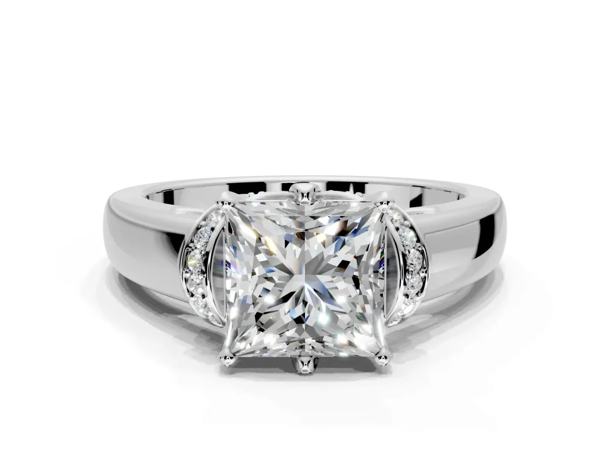 Solitaire Engagement Ring Setting for Princess Cut Center with Wide Band, Pave Collar and Prong Head in Sterling Silver