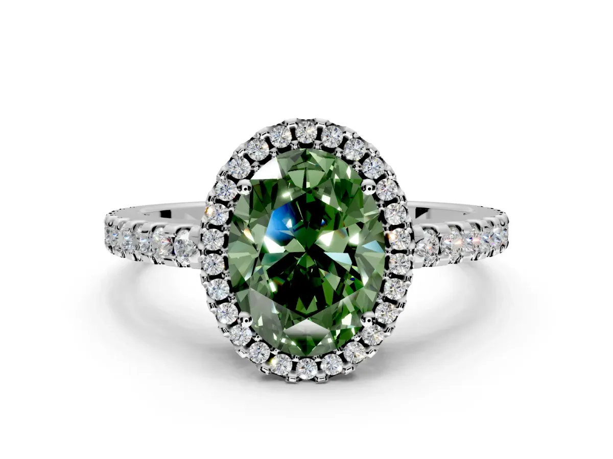 Accent Halo Engagement Ring Setting for Fancy Green Oval Center with Full-Length Pave Band and Prong Head in Platinum