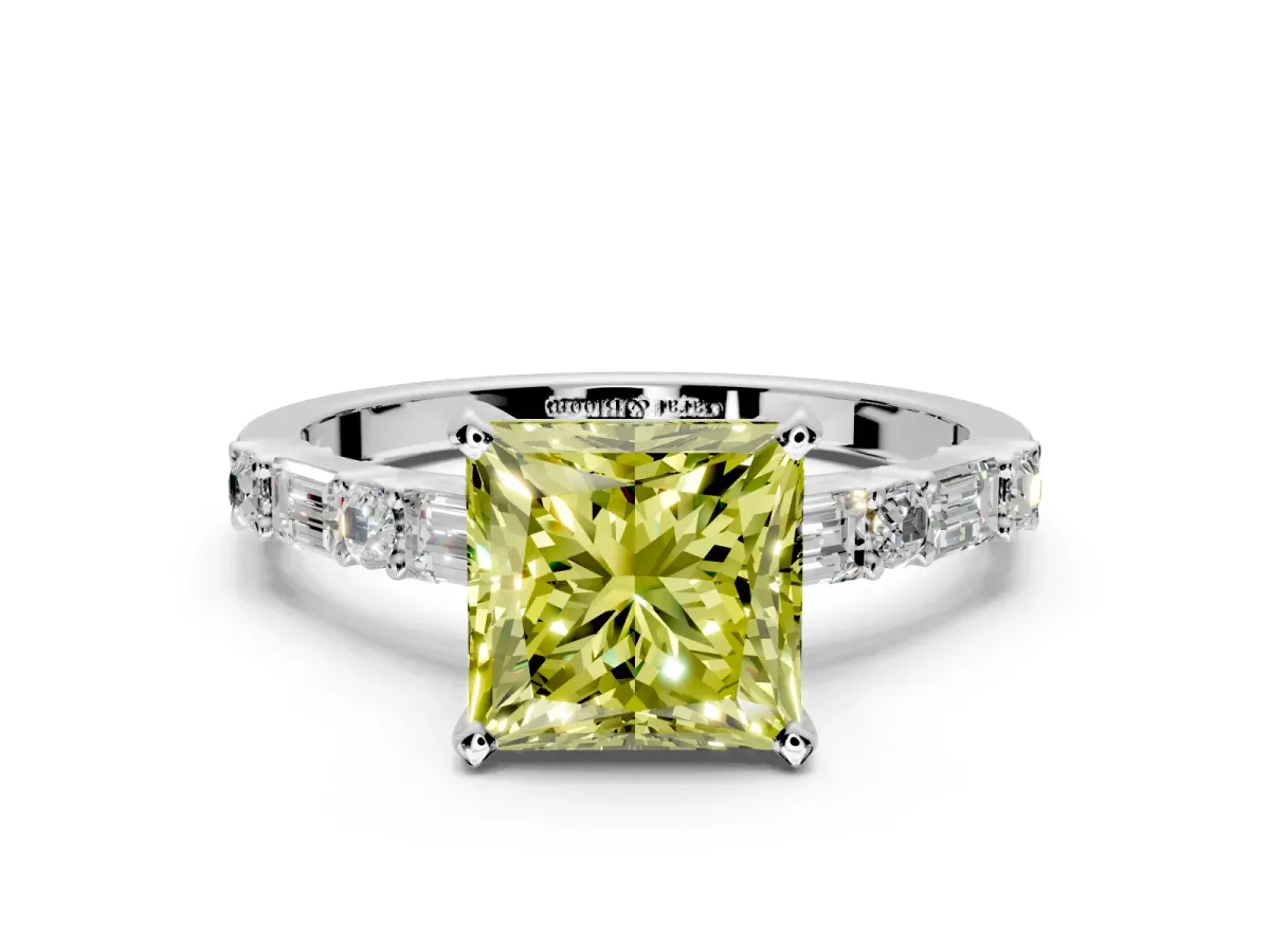 Baguette Engagement Ring Setting for Fancy Yellow Princess Cut Center with Alternating Bar-Set Band and Prong Head in Sterling Silver