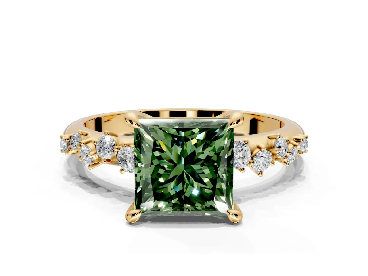 Solitaire Engagement Ring Setting for Fancy Green Princess Cut Center with Trailing Leaf Accent Band and Prong Head in Yellow Gold