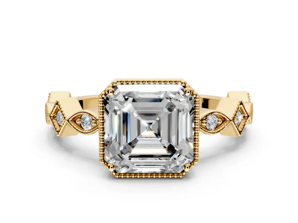Milgrain Bezel Engagement Ring Setting for Asscher Cut Center with Marquise Stations and Bezel Head in Yellow Gold