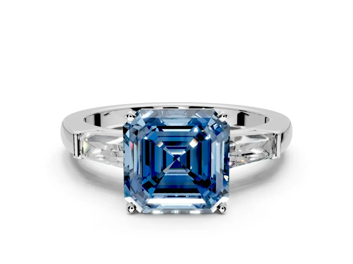 3 Stone Engagement Ring Setting for Fancy Blue Asscher Cut Center with Tapered Baguettes, Plain Band and Prong Head in Platinum