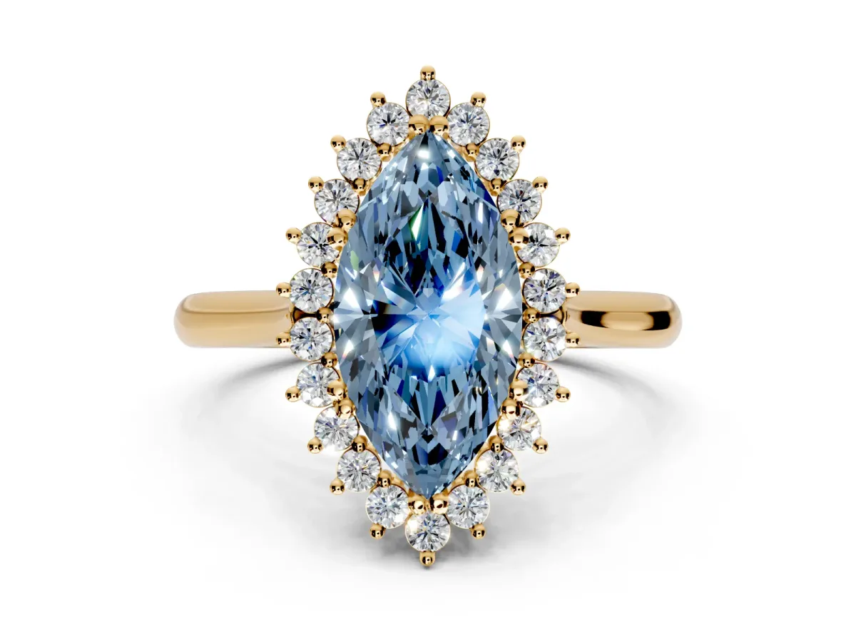 Starburst Halo Engagement Ring Setting for Fancy Blue Marquise Center with Thin Round-Wire Band and Prong Head in Yellow Gold