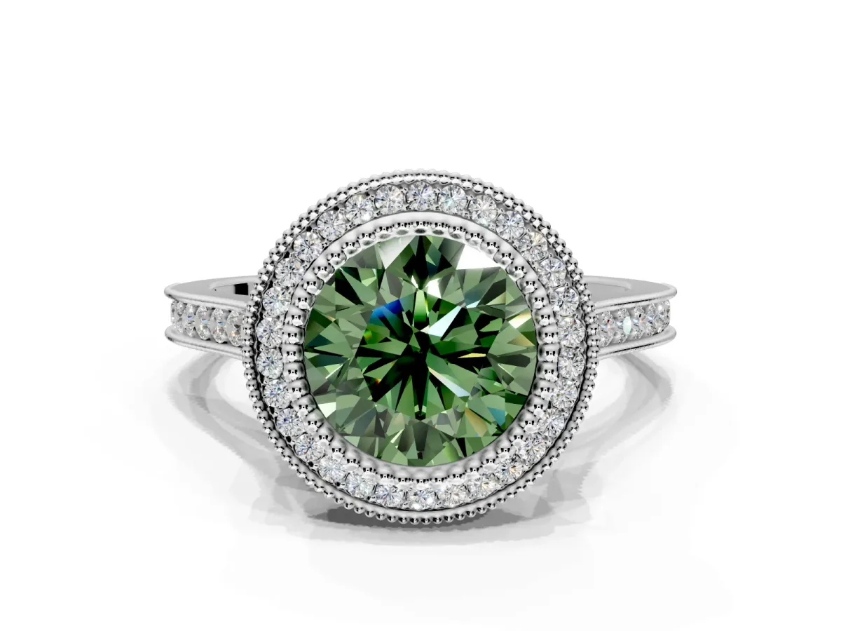 Halo Engagement Ring Setting for Fancy Green Round Cut Center with Milgrain Frame, Pave Band and Prong Head in Platinum