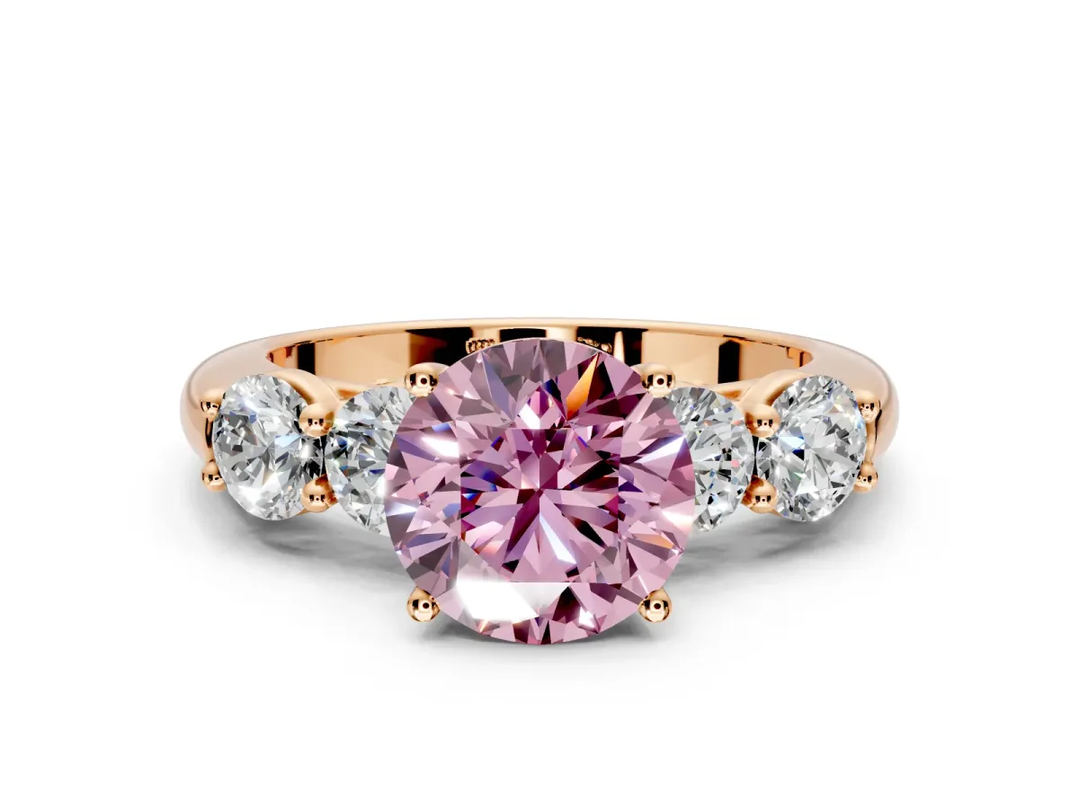5 Stone Engagement Ring Setting for Fancy Pink Round Cut Center with Graduated Accents and Prong Head in Rose Gold
