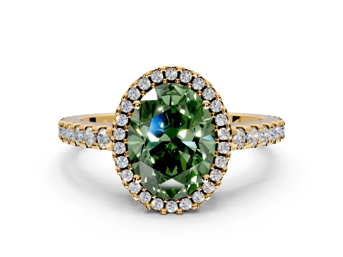 Accent Halo Engagement Ring Setting for Fancy Green Oval Center with Full-Length Pave Band and Prong Head in Yellow Gold