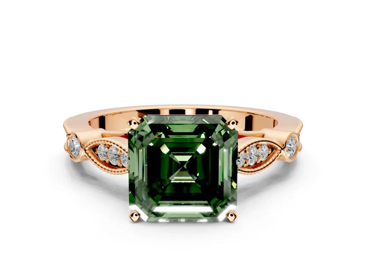 Solitaire Engagement Ring Setting for Fancy Green Asscher Cut Center with Marquise and Bezel Accents and Prong Head in Rose Gold